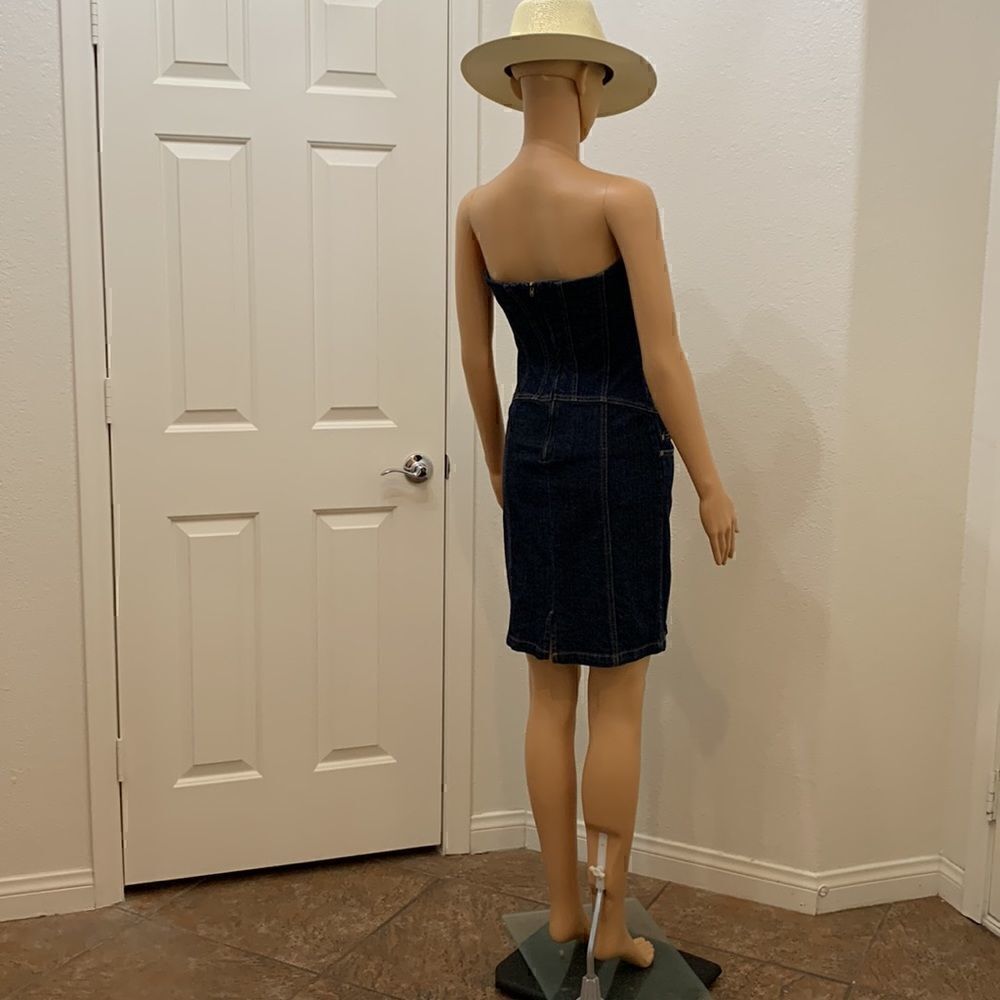 Premise Denim Blue Gold Strapless Pockets Zippered Back Woman’s Dress - Picture 8 of 16